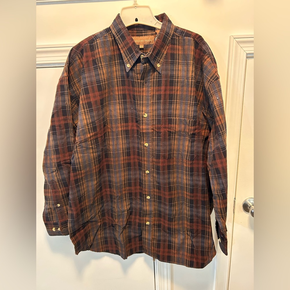 NWT Woodland Trail Mens Button Front Shirt Size XXL Flannel Plaid Brown Tan Blue